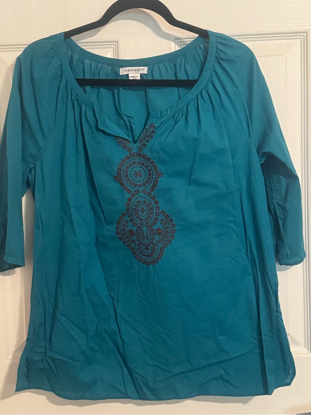 Hannah Teal Scoop-Neck Tunic with Black Embroidery
